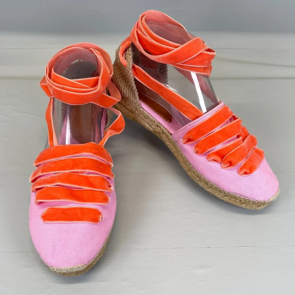 Penelope Chilvers Espadrille Sandals Womens Size 38 US 7 Pink Canvas Ribbon Shoe